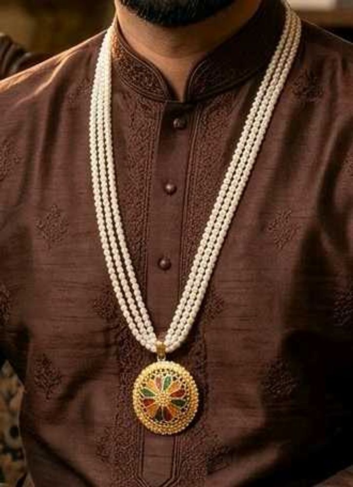 Men's Faux Pearl Necklace with Gold Plated Pendant