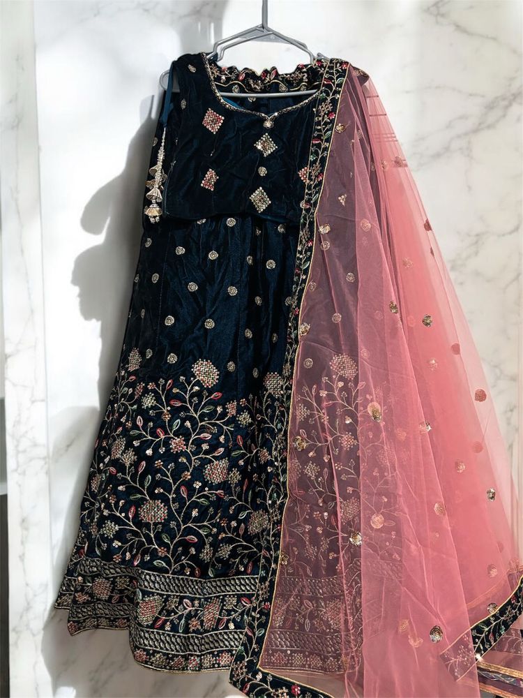 Elegant Navy Blue Velvet Embroidered Lehenga Set