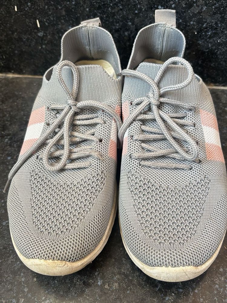 Grey &amp; Pink Knit Sneakers