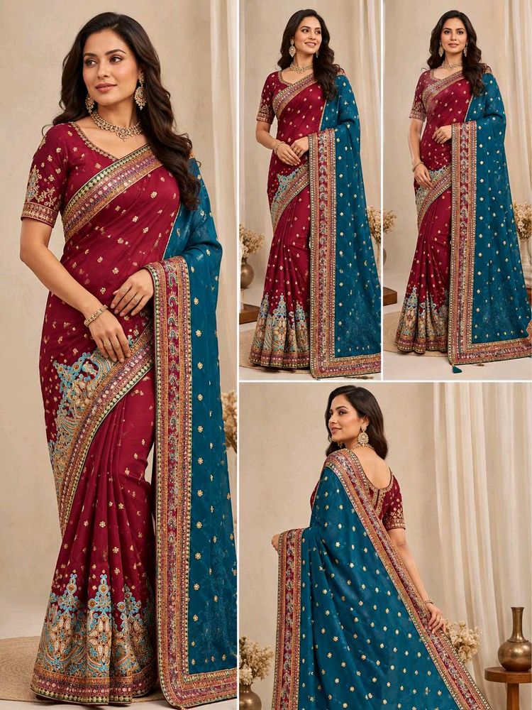 Exquisite Maroon &amp; Teal Embroidered Saree