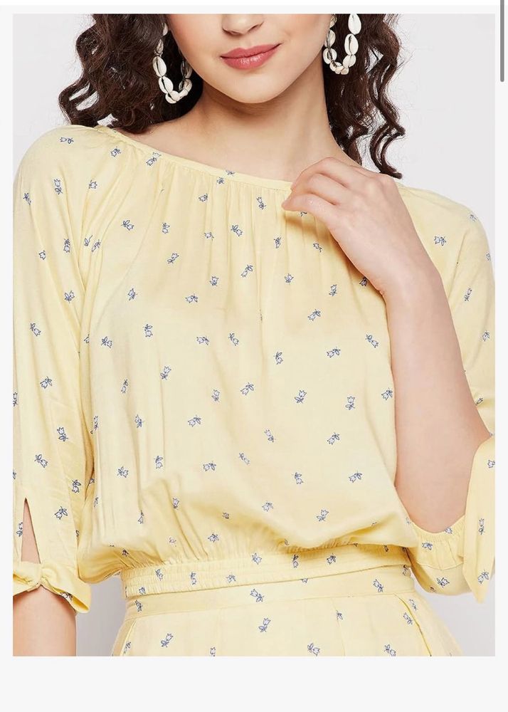 Yellow Floral Gathered Neck Crop Top