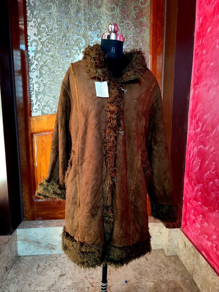 Boho Faux Fur Trim Brown Afghan Coat