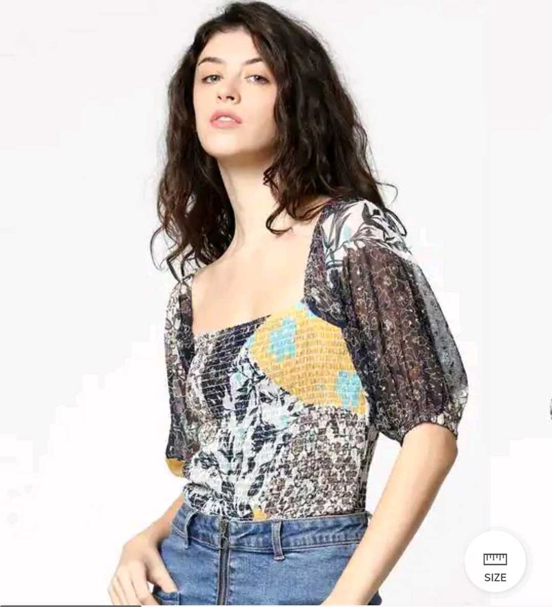 Chic Smocked Patchwork Print Square Neck Top