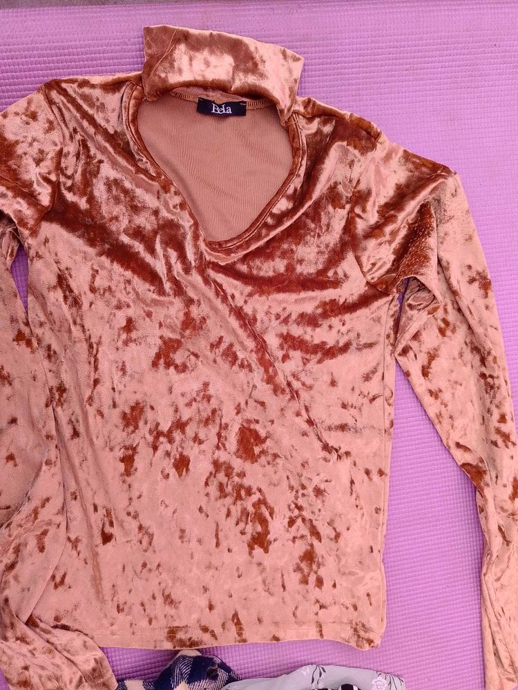 Stylish Brown Velvet Long Sleeve Top