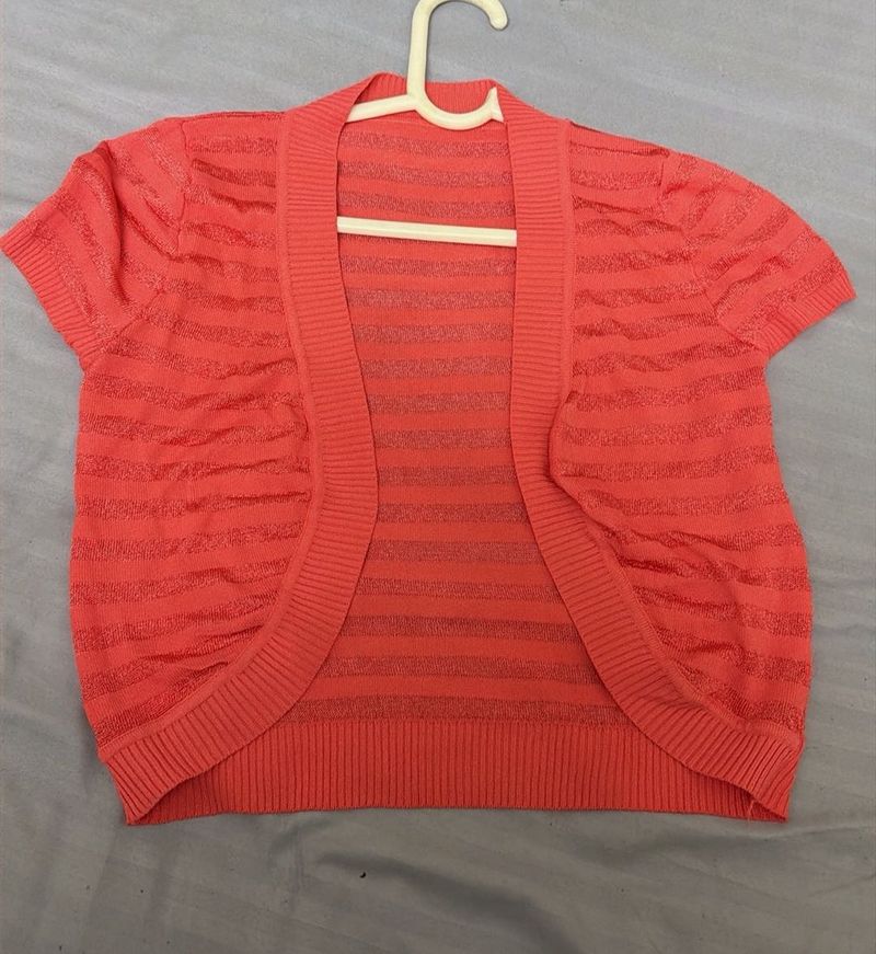 Coral Striped Cropped Cardigan