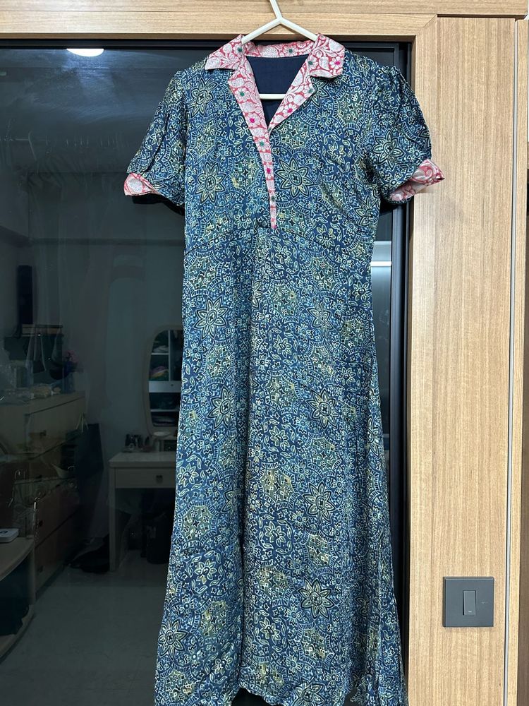 Blue Ethnic Gown with Pink Collar