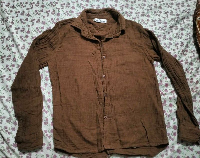 Brown Textured Button-Up Shirt
