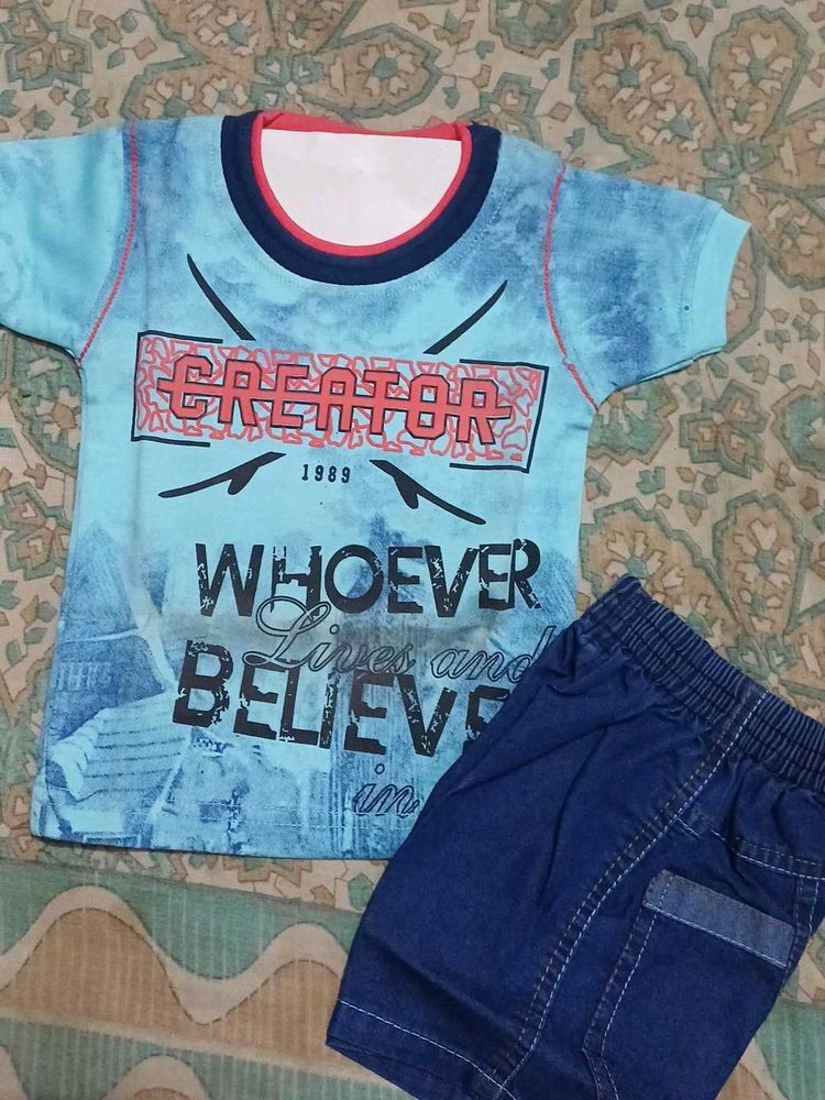 Boys Printed T-Shirt &amp; Denim Shorts Set