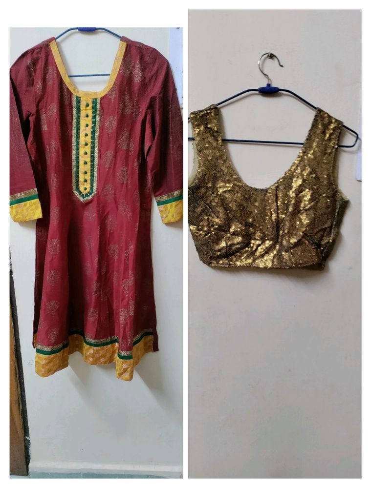 Combo Set Kurta With Sleeveless Sequence Blouse