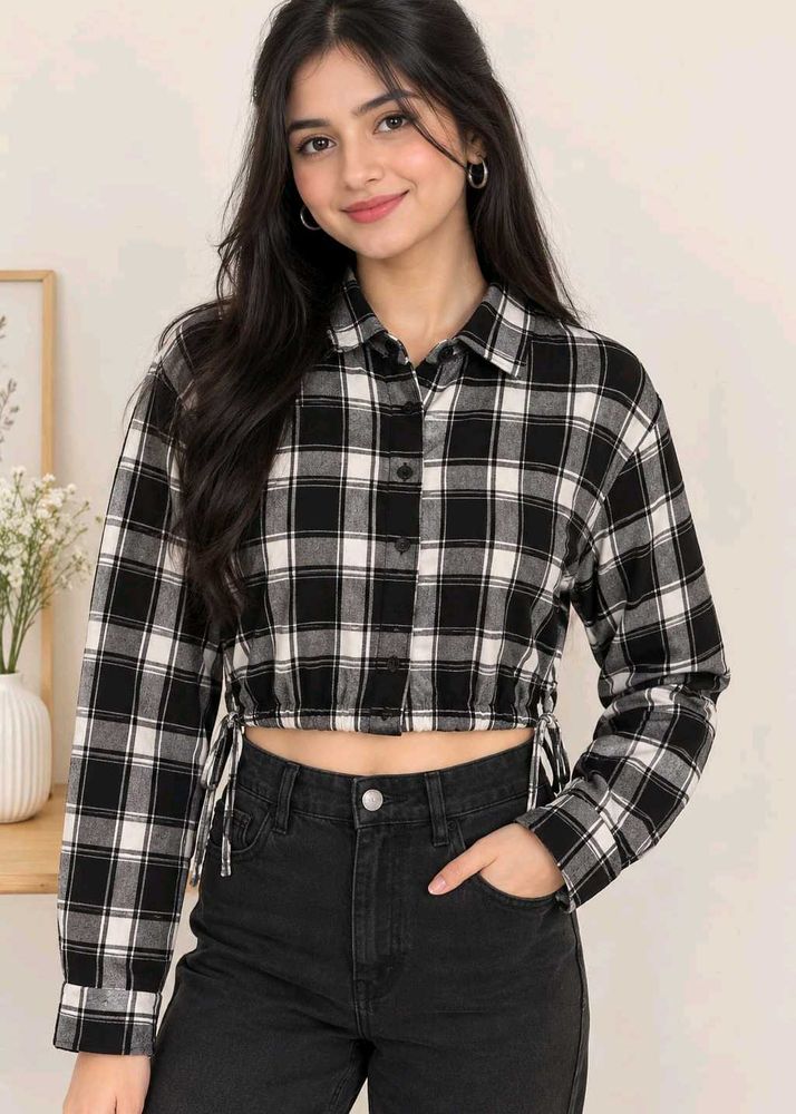 Chic Plaid Cropped top Shirt with Drawstring