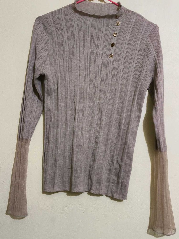 Stylish Ribbed Mock Neck Top with Sheer Bell Sleev