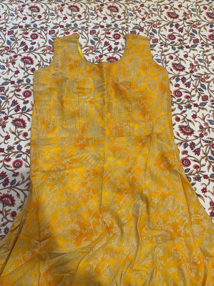 Ethnic yellow gown with shrug and dupatta