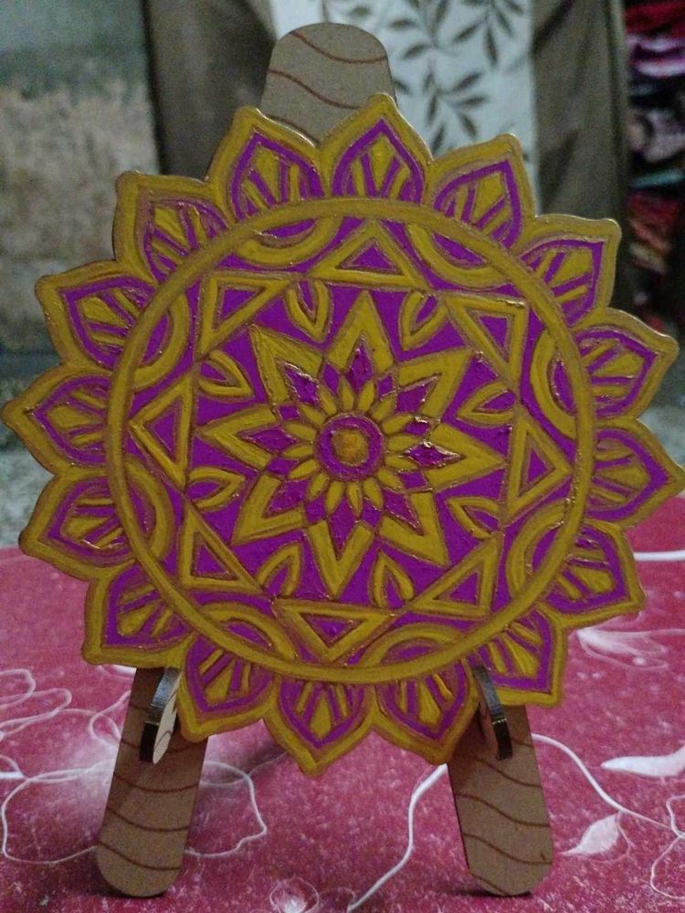 Handmade Mandala Decor Piece with wooden stand