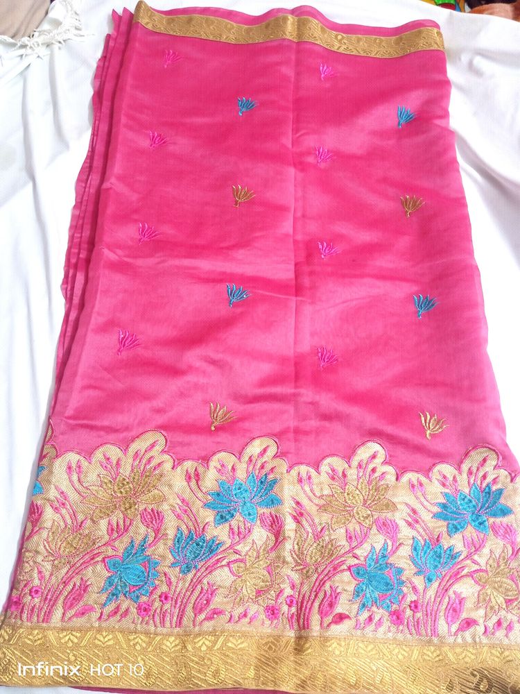 Tissue Cotton With Embroidery Work Saree
