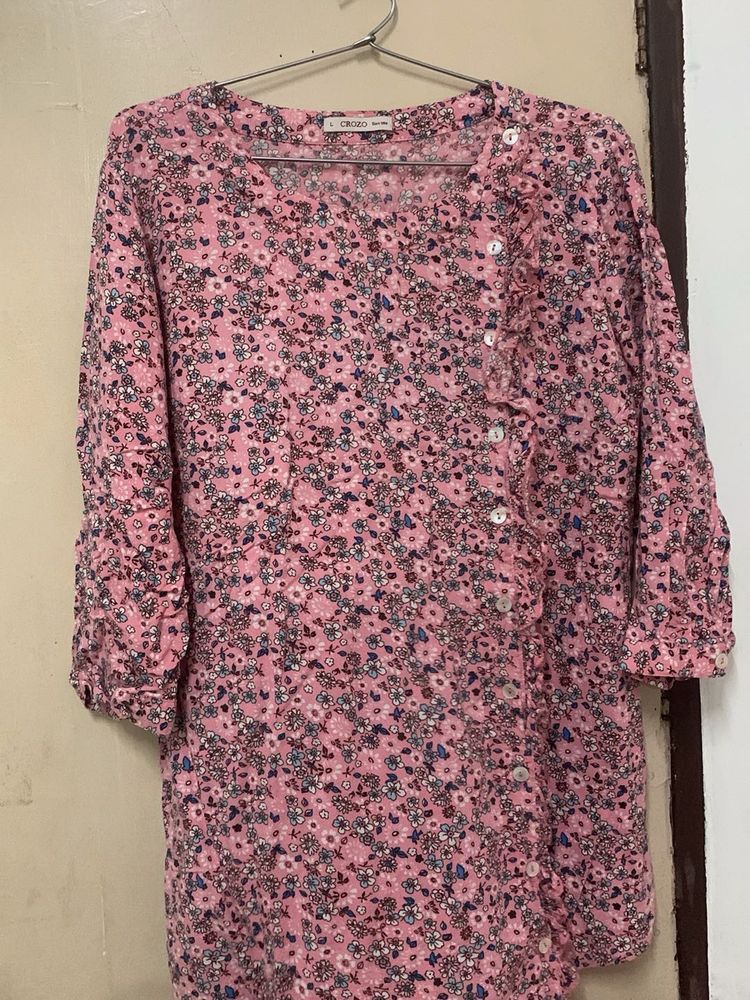 Pink Floral Print Button-Up Top