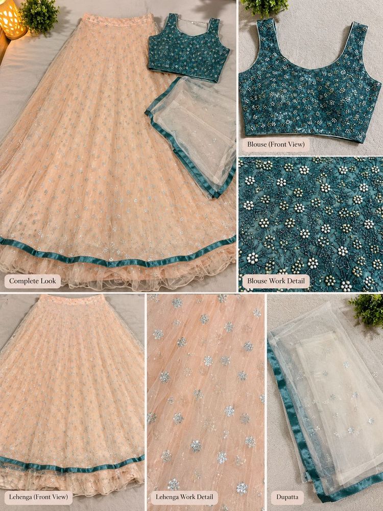 Peach &amp; Teal Designer Lehenga Set | Floral Embroid