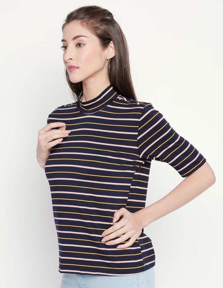 Annabelle Navy Textured Round Neck regular fit