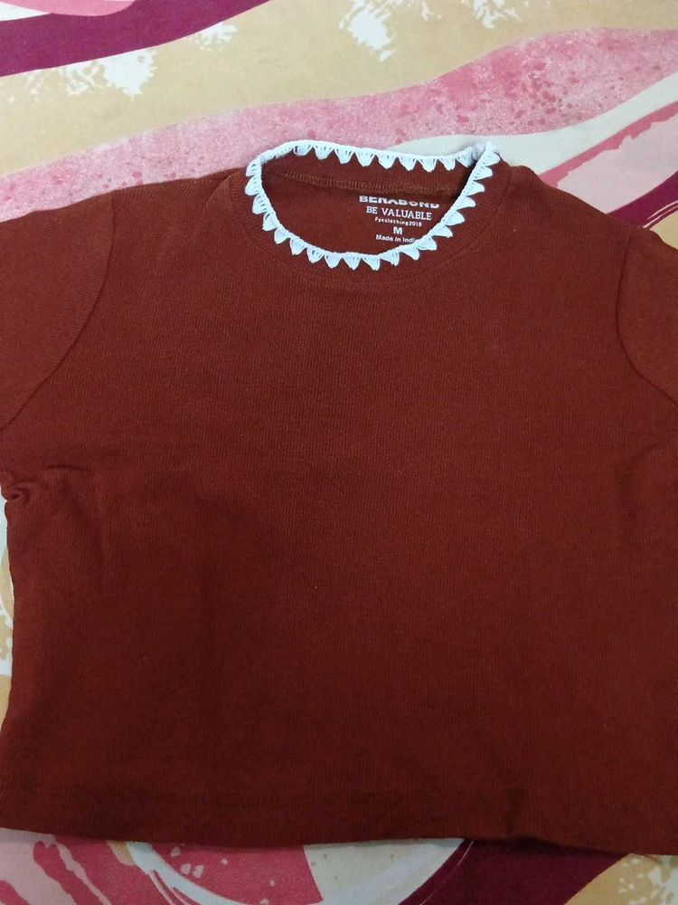 Women's Burgundy Crocheted Neck Top