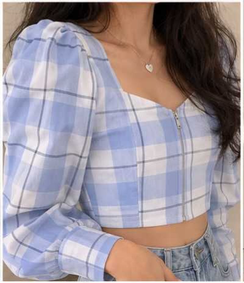 Blue Plaid Zip-up Puff Sleeve Corset Crop Top