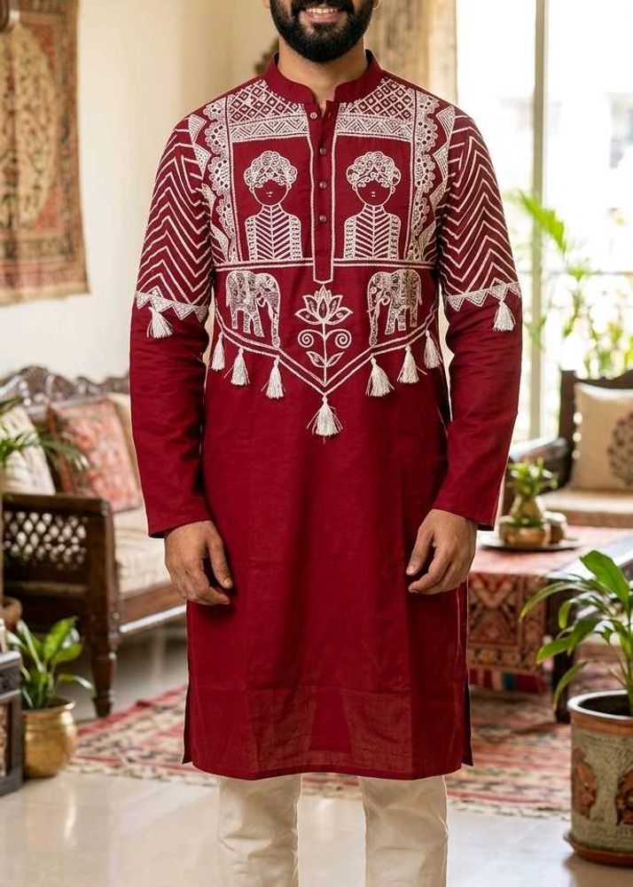 Maroon Embroidered Kurta with Tassels