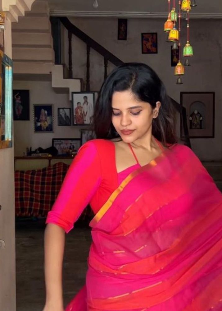 Pink Striped Saree with Tassels