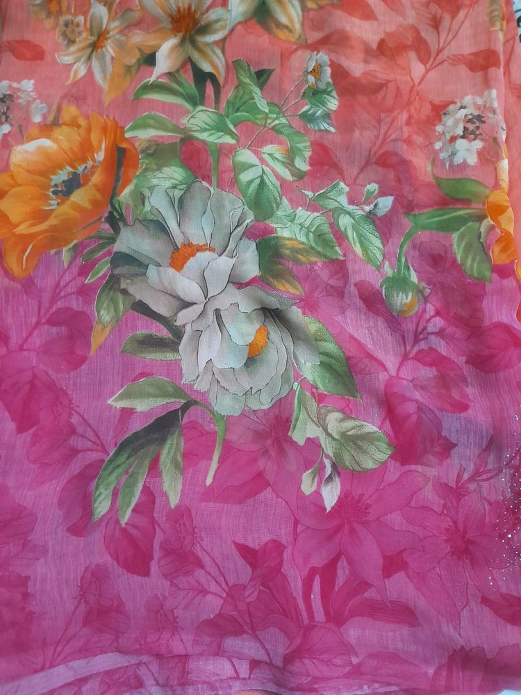 Pink and Orange Stone Work Saree with Blouse