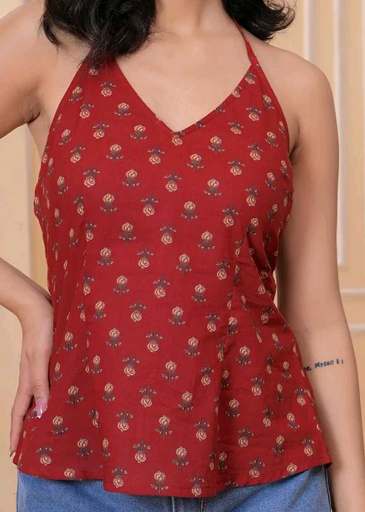 Red Floral Halter Neck Top