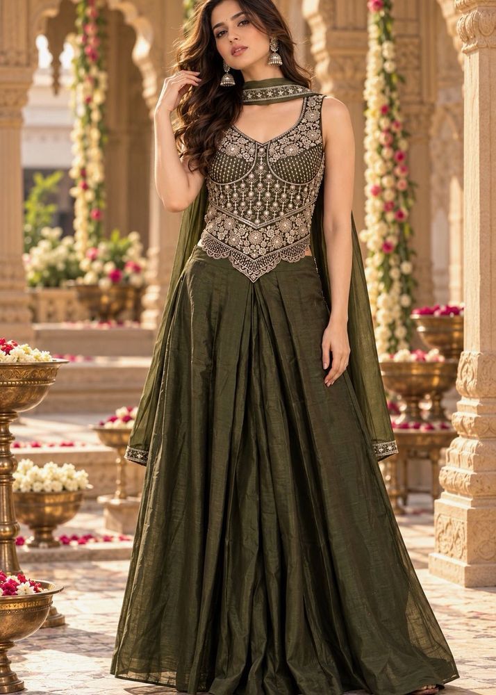 Olive Green handwork chinnon Lehenga Choli