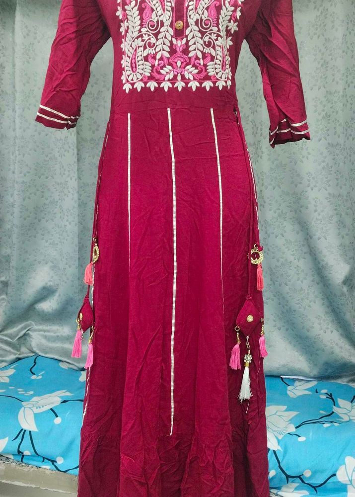 Maroon Embroidered Kurta