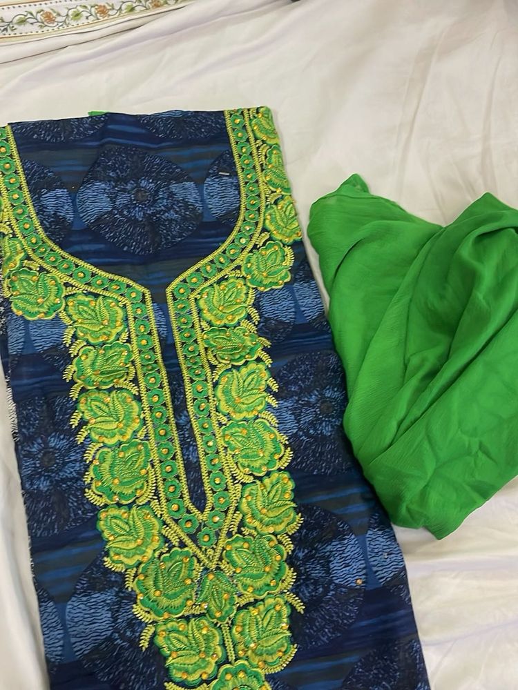 Embroidered Blue Kurta with Green Dupatta