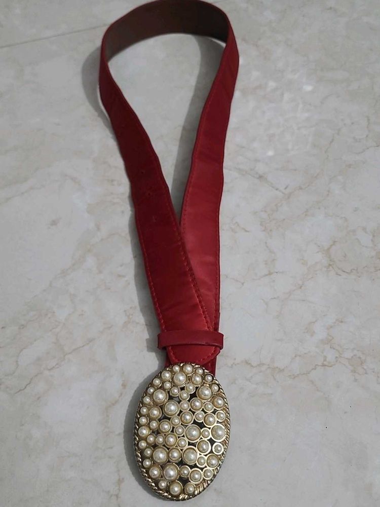 Red Belt with Pearl Buckle