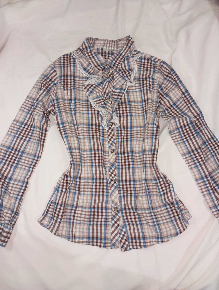 Plaid Button-Up Ruffle Top