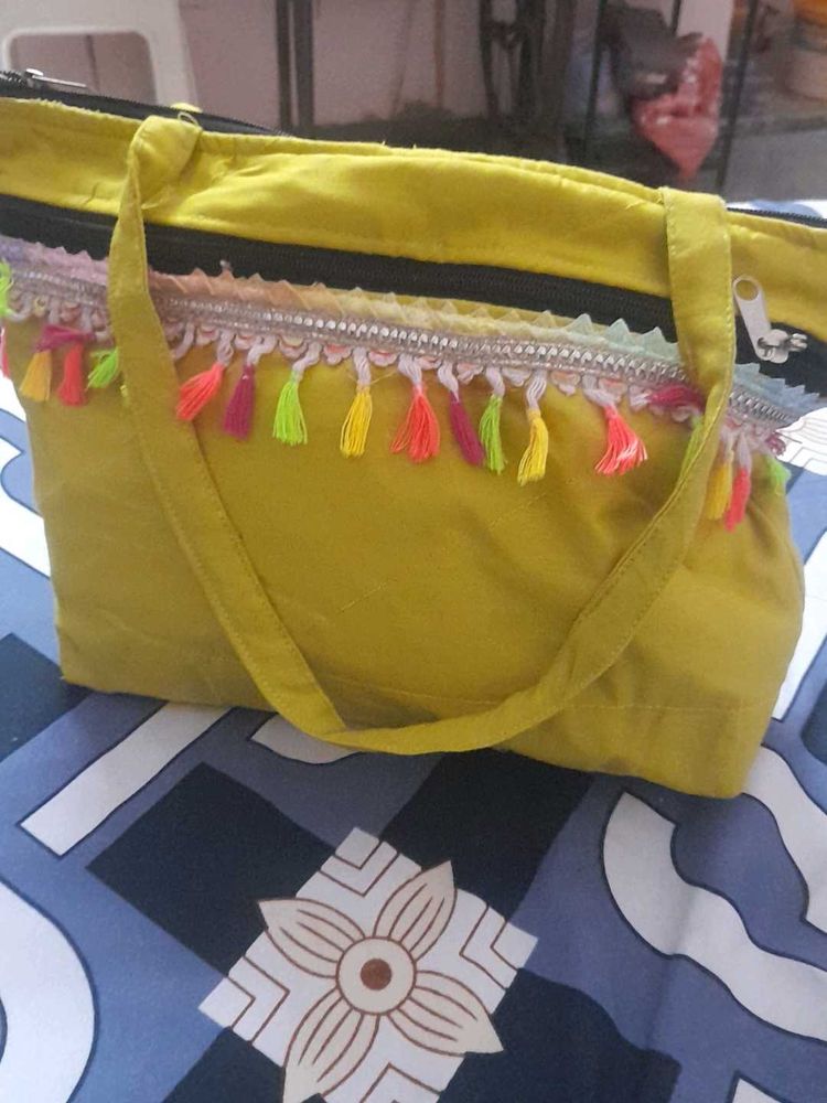 Yellow Tote Bag with Colorful Tassels