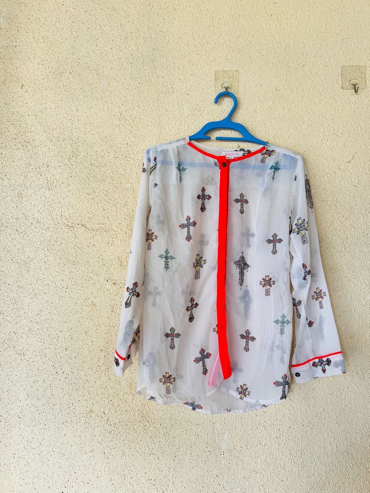 Stylish White Cross Print Blouse