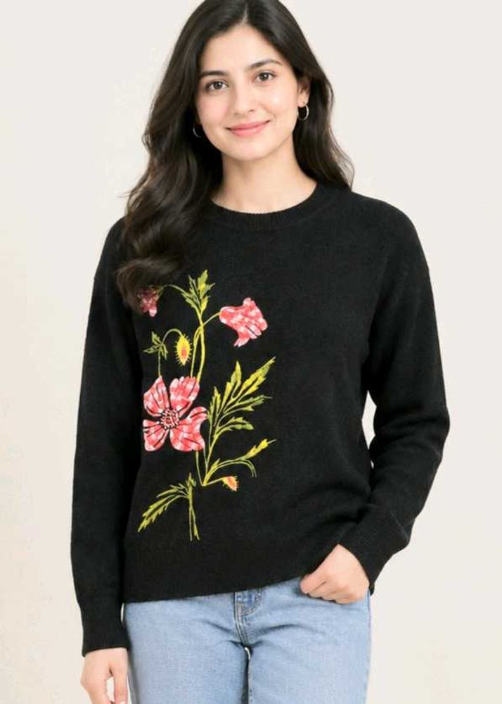 Black Floral Embroidered Sweater size-38