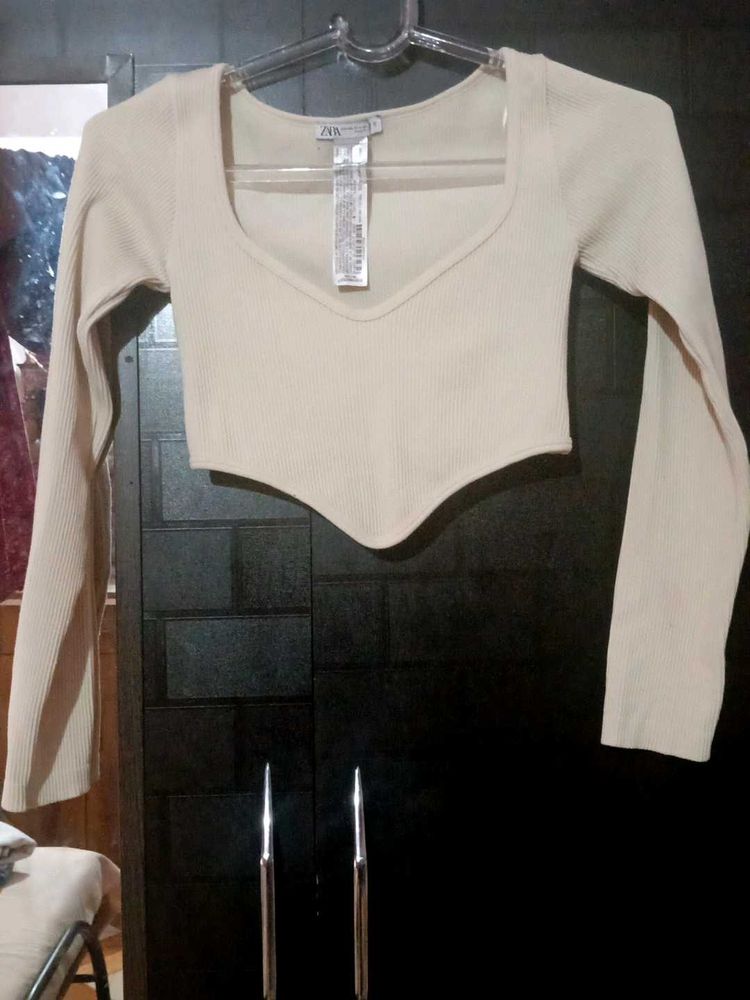 ZARA Ribbed V-Neck Full Sleeve Crop Top | Beige/Cr