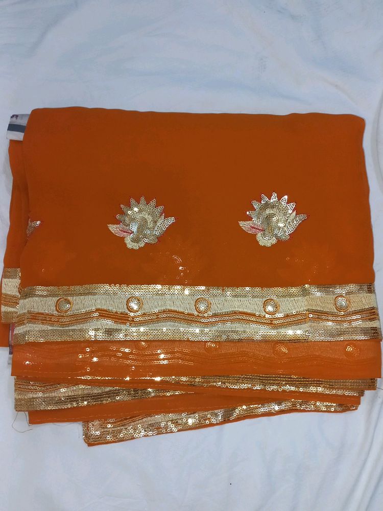 NEW ORANGE COLOURED SAREE WITH SEQUIN WORK