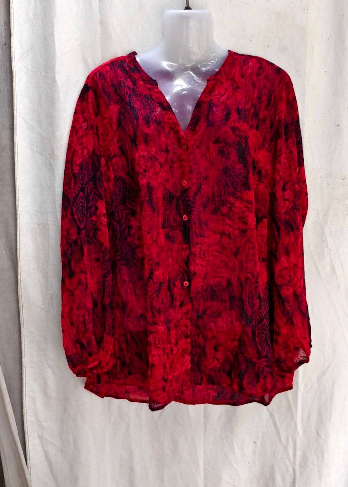 I Red Floral Print Button-Up Tunic