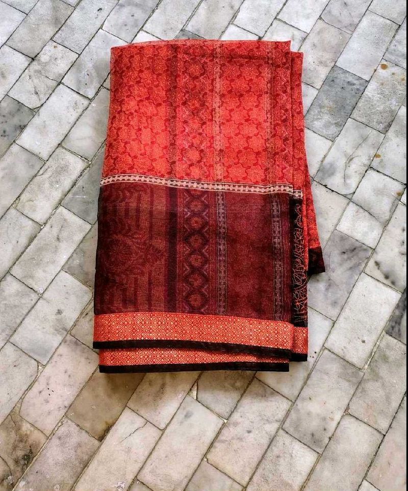 Vibrant Red Printed Saree with blouse pc