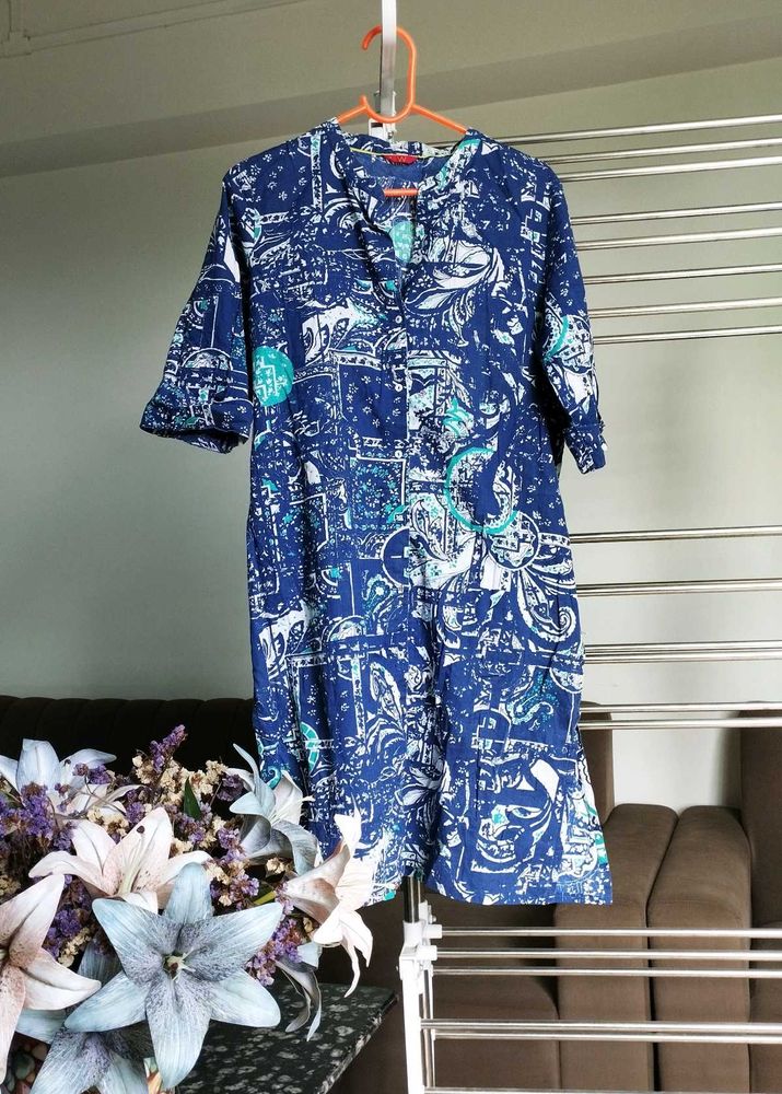Blue Patterned Short Sleeve Dress