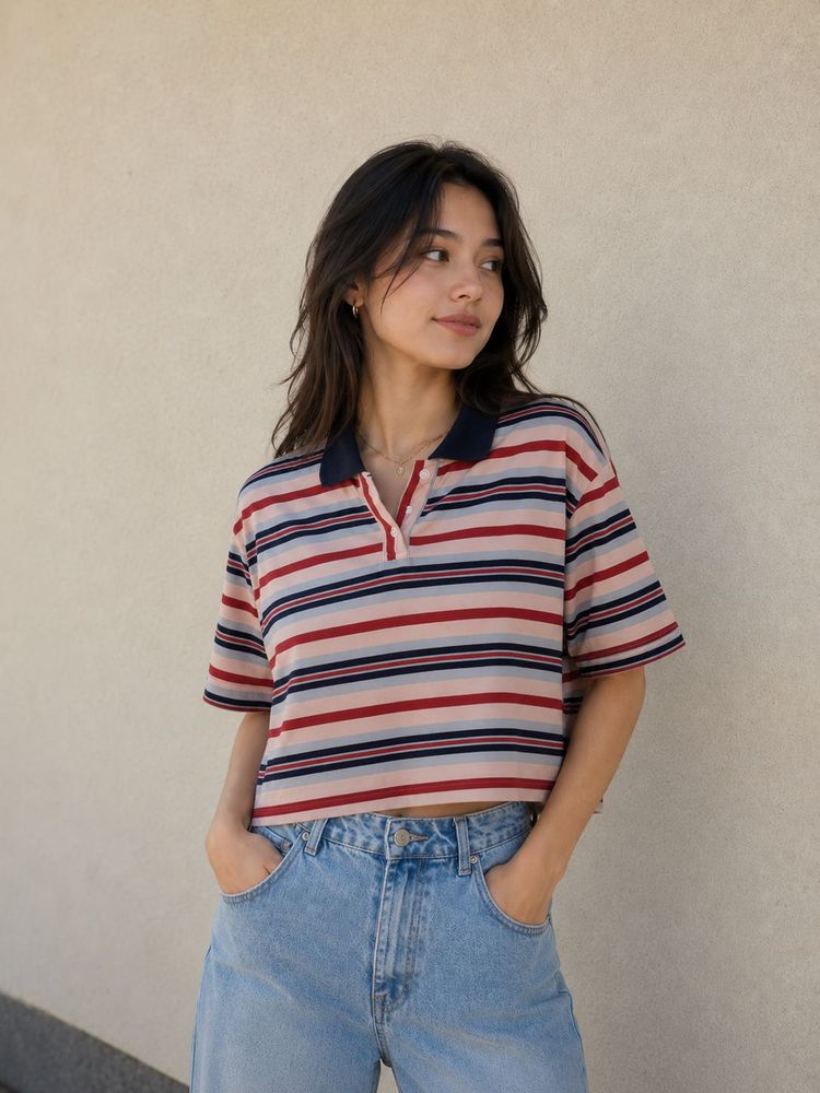 Striped Polo Boxy Crop T-Shirt