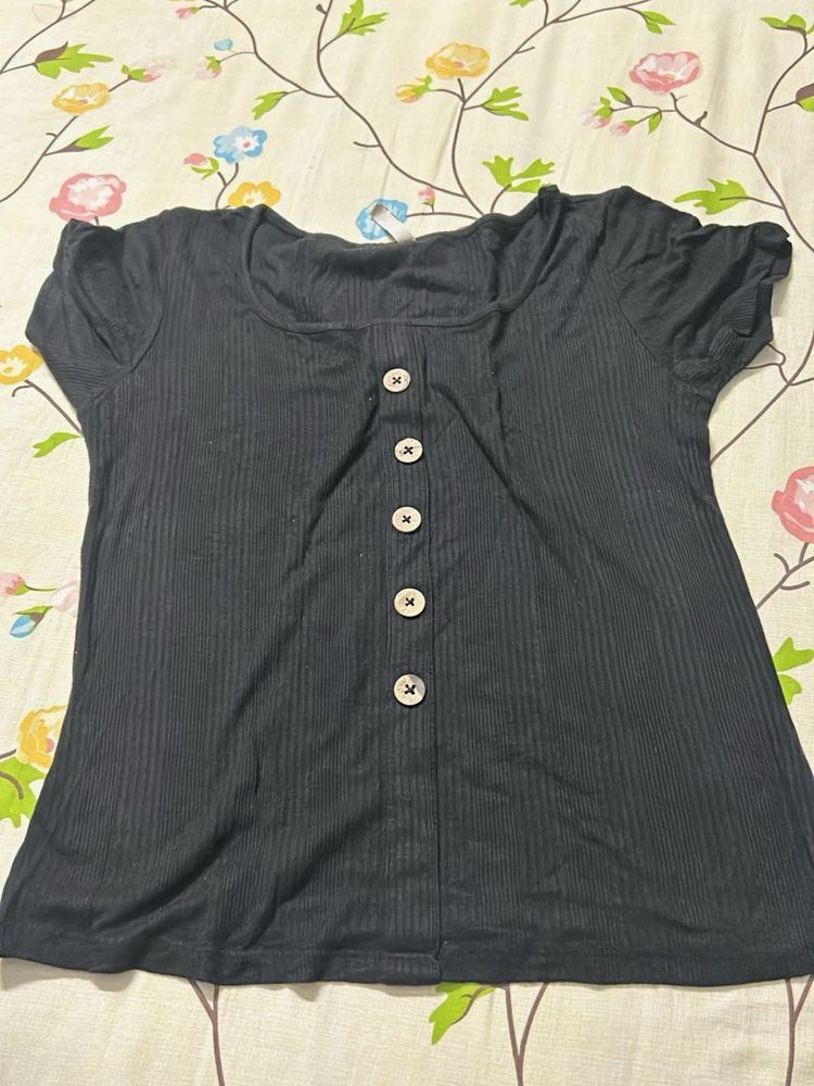 Black Ribbed Button-Up Top