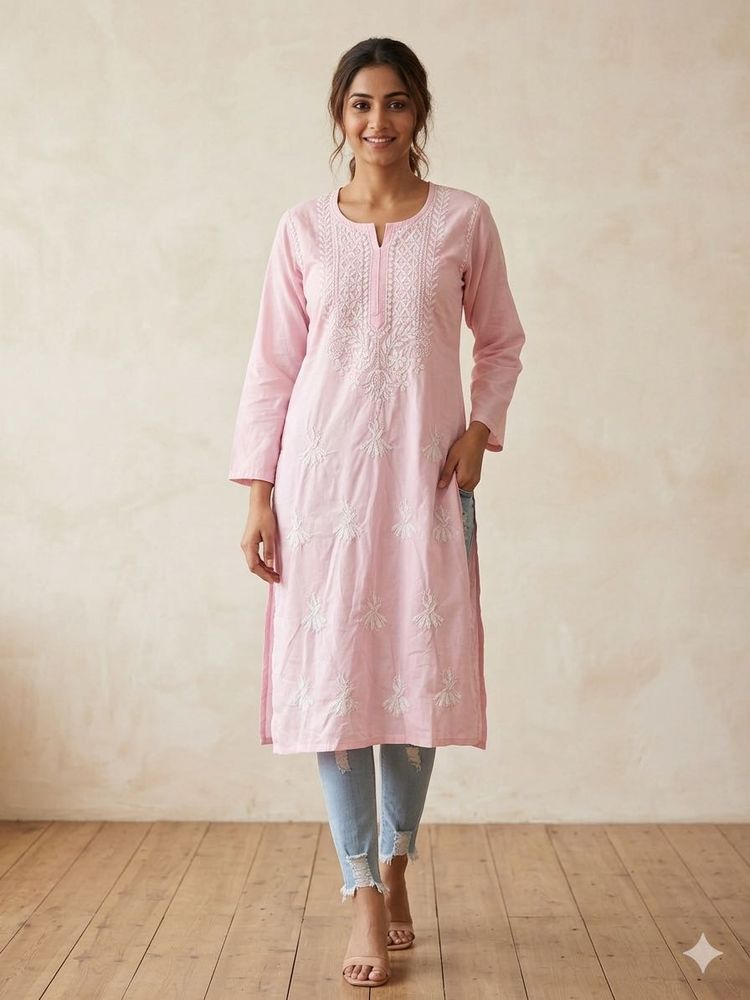 Pink Chikankari Kurta with jeans 👖