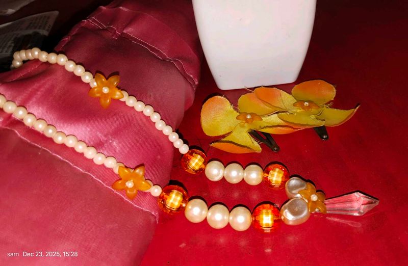 Pearl &amp; Orange Bead Necklace Set
