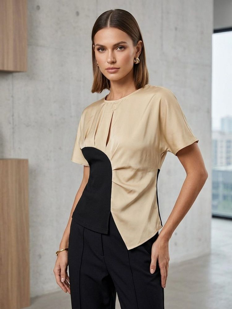 Chic Beige &amp; Black Asymmetrical Top