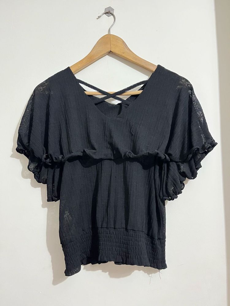 Chic Black Criss-Cross Back Puff Sleeve Top