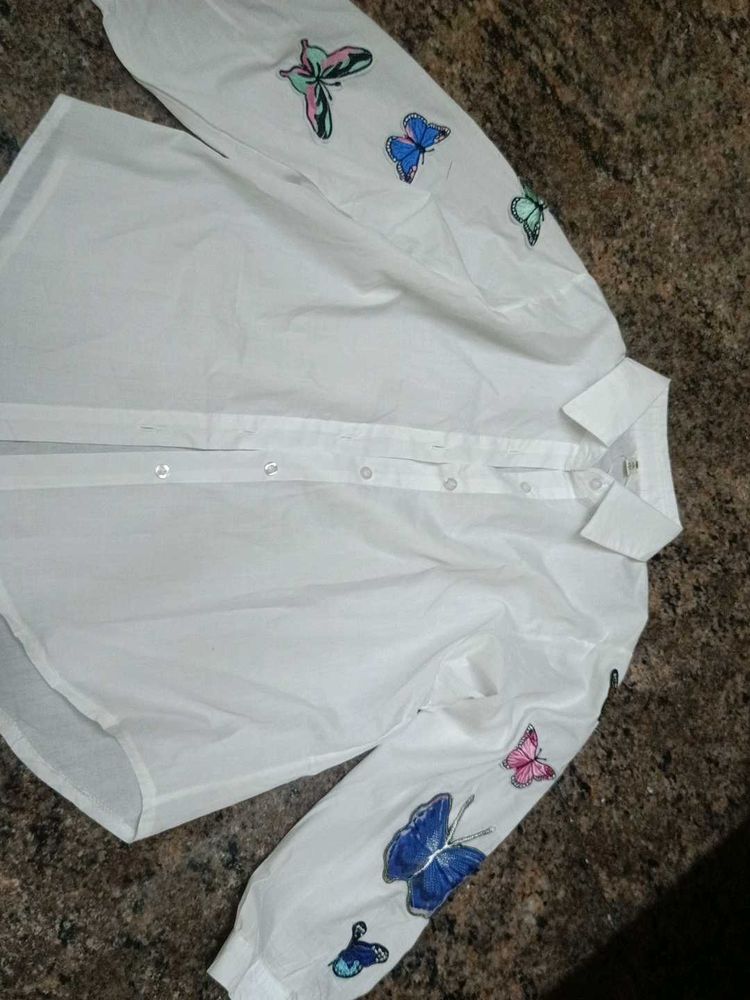 Butterfly Embellished White Button-Up Shirt