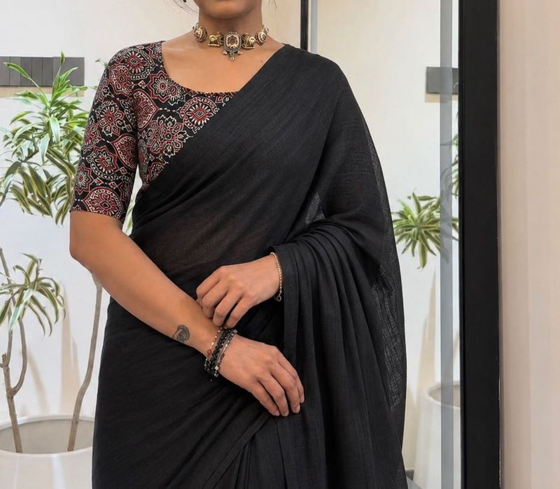 Elegant Black Saree with Printed Blouse