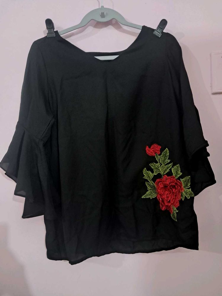 Black Embroidered Rose Top