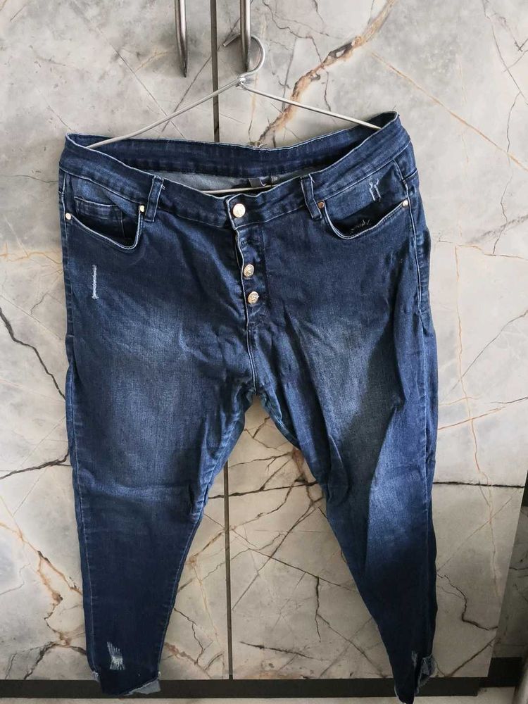 Blue Button Fly Distressed Jeans